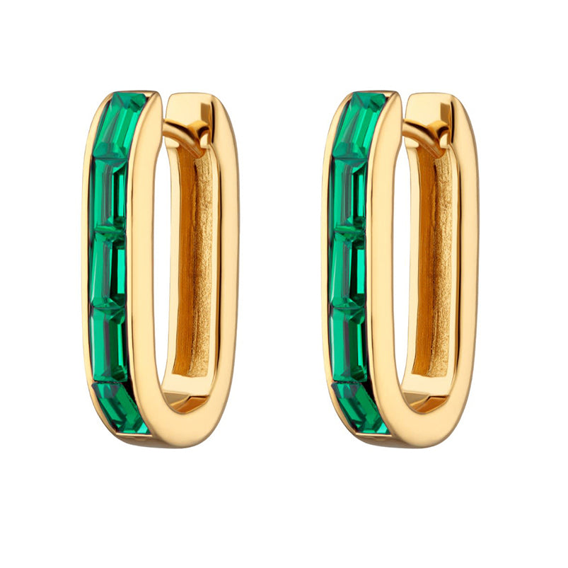 18k gold plated oval baguette hoop green stone earrings